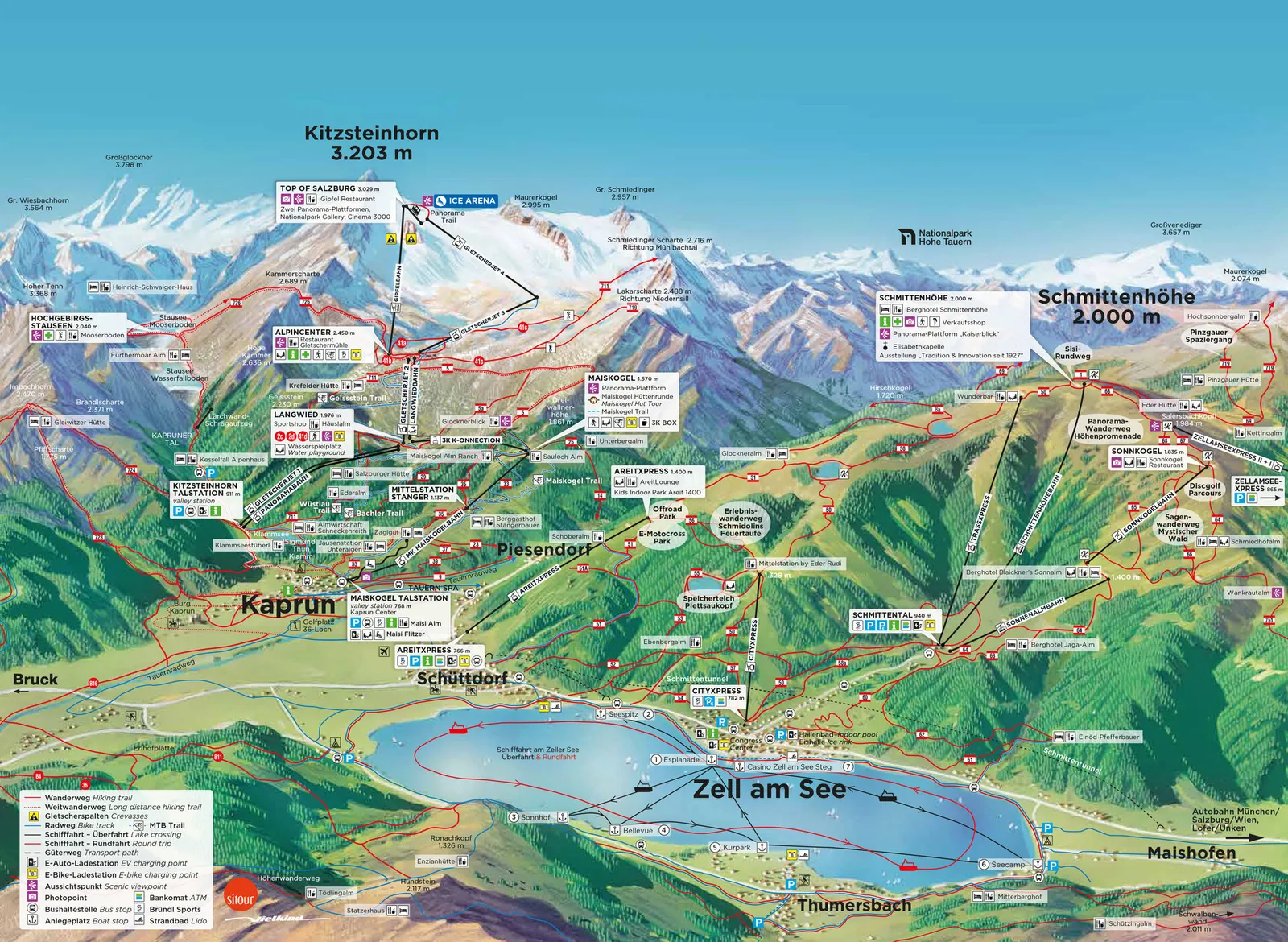 Regionspanorama-Karte von Zell am See-Kaprun mit Bergen, Wanderwegen und Sehenswürdigkeiten